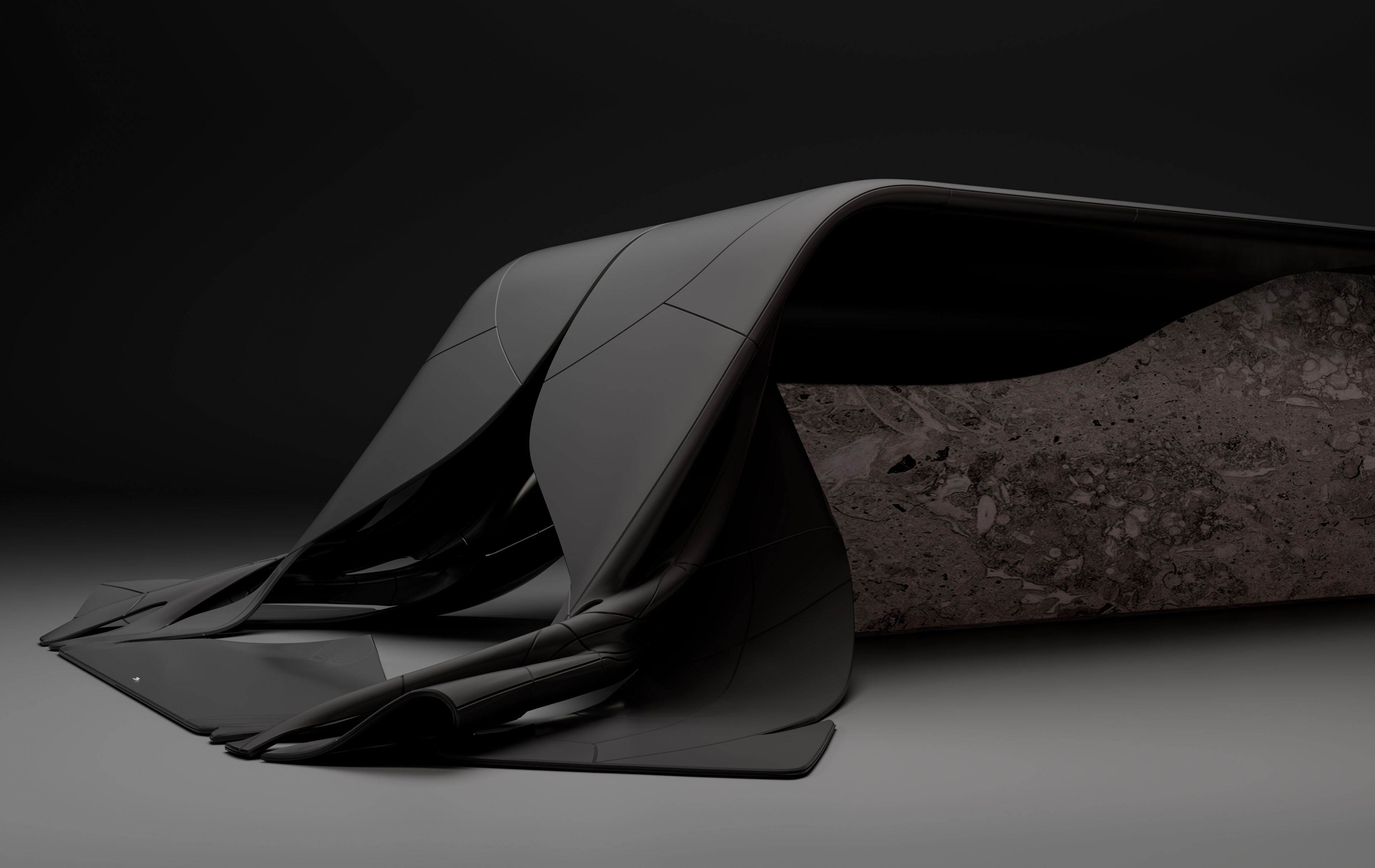 C1-4 collectible table-sculpture in anodised aluminium and natural stone
