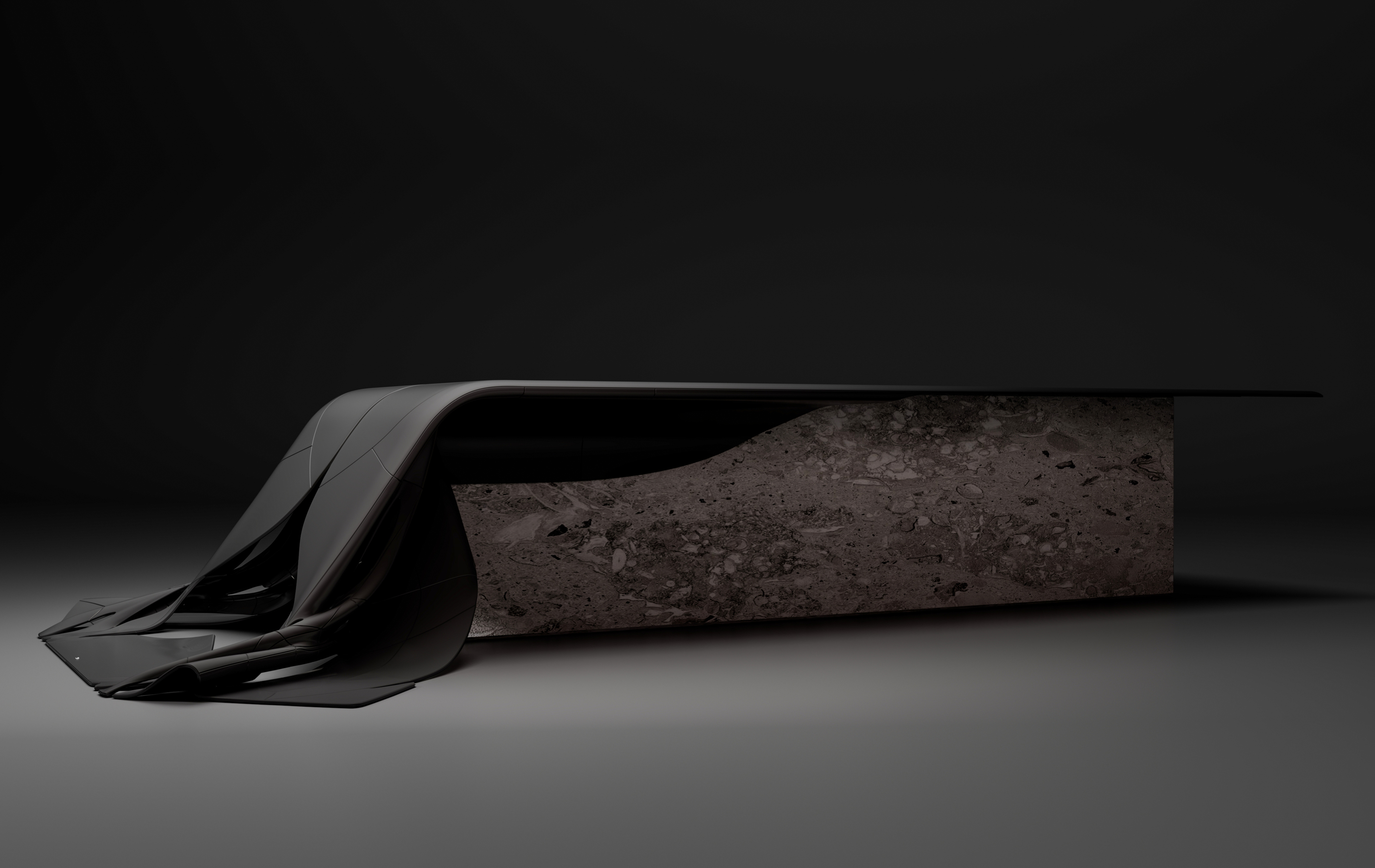 C1-4 collectible table-sculpture in anodised aluminium and natural stone